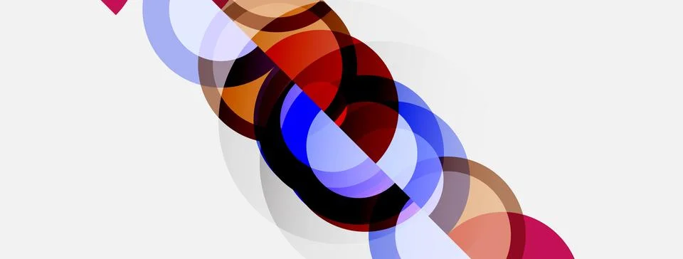 Abstract composition featuring overlapping circles. Colors include red, blue, Stock Illustration