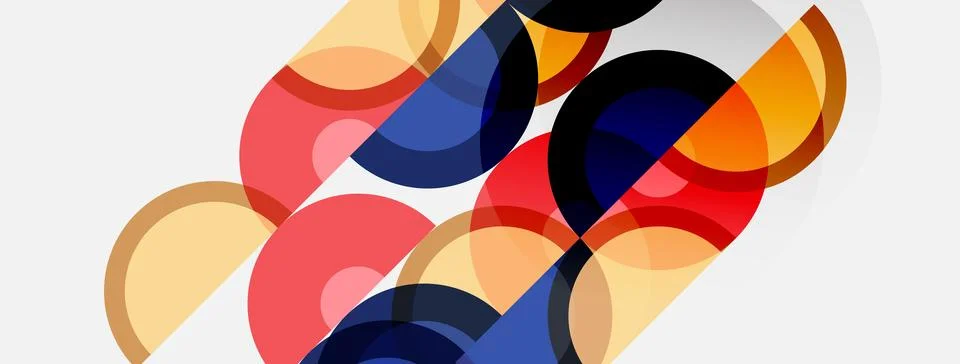 Abstract composition featuring overlapping circles. Warm, cool colors blend, Stock Illustration