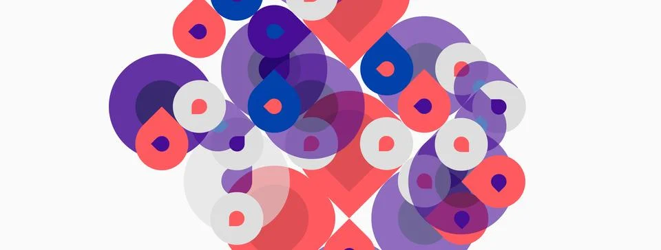 Abstract composition featuring overlapping circles. Purple, pink hues dominat Stock Illustration