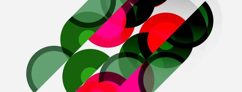 Abstract composition featuring overlapping circles. Colors include red, green Stock Illustration