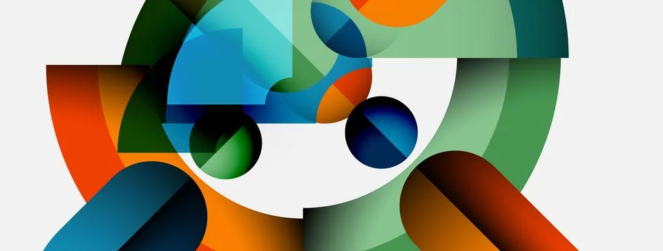 Abstract composition featuring overlapping colorful shapes. Circles, squares, Stock Illustration