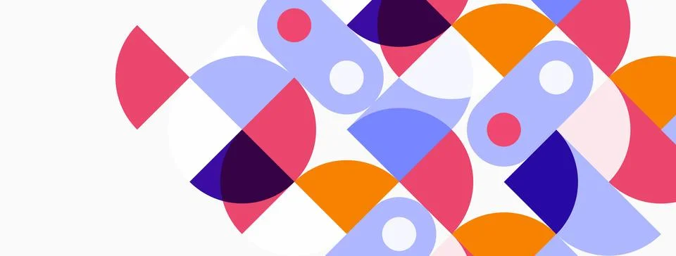 Abstract composition featuring overlapping colorful semicircles, circles, plu Stock Illustration