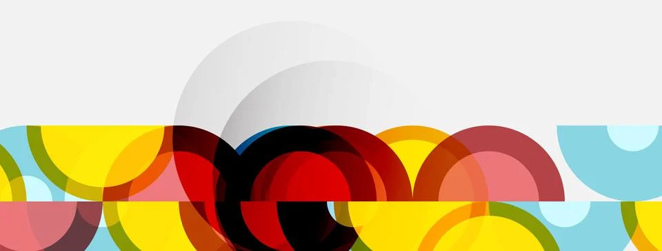 Abstract composition featuring overlapping colorful arcs, circles, plus subtl Illustrazione stock