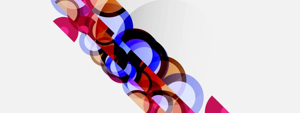 Abstract composition featuring overlapping colorful circles, curves, lines. Stock Illustration