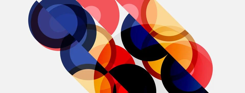 Abstract composition featuring overlapping colorful circles, rectangles. Mode Illustrazione stock
