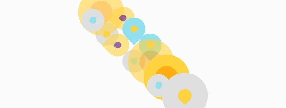 Abstract composition featuring overlapping colorful circles, squares, recta.. Illustrazione stock