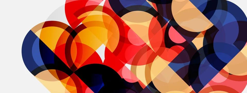 Abstract composition featuring overlapping colorful circles. Warm tones dom.. 스톡 일러스트