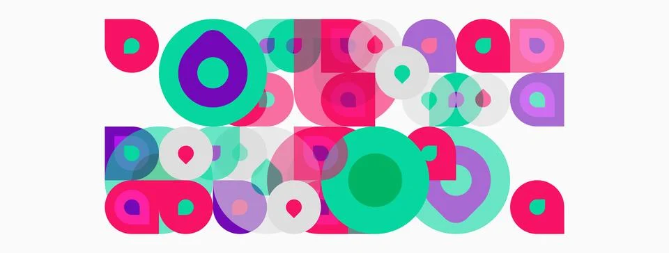 Abstract composition featuring overlapping colorful circles, squares. Vibrant 스톡 일러스트