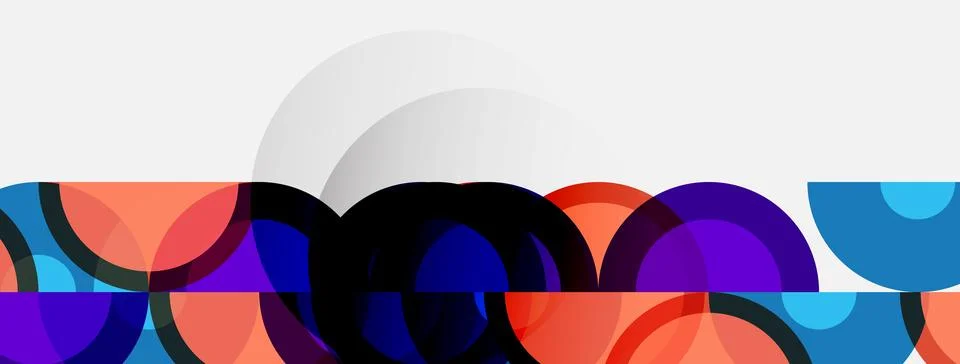 Abstract composition featuring overlapping colorful arcs, circles, plus subtl Stock Illustration