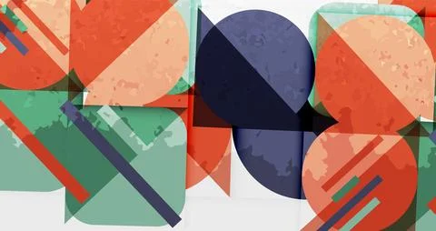 Abstract composition featuring overlapping geometric shapes. Circles, rectangles Stock Illustration