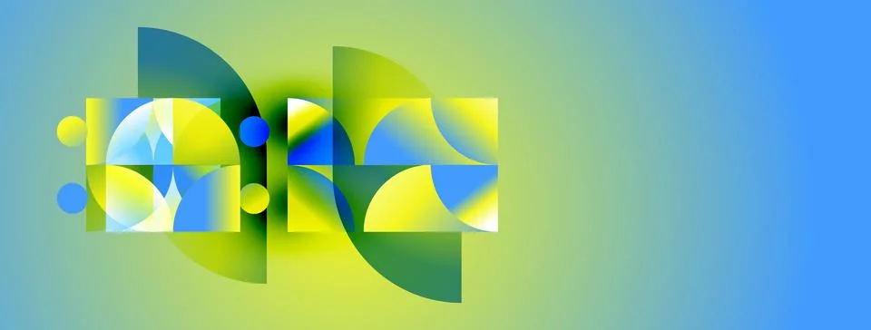 Abstract composition featuring overlapping geometric shapes. Vivid blues, g.. Illustrazione stock