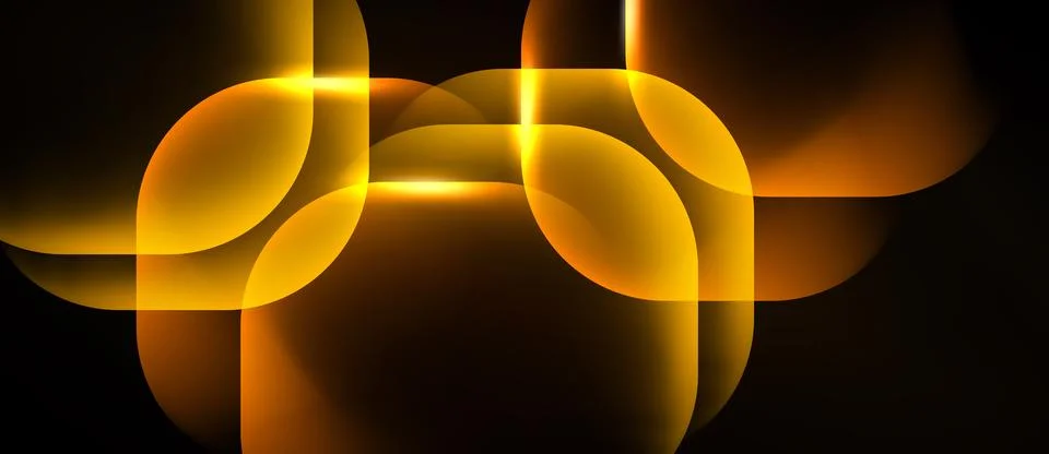 Abstract composition featuring overlapping golden circles, glowing lines. Dar 스톡 일러스트
