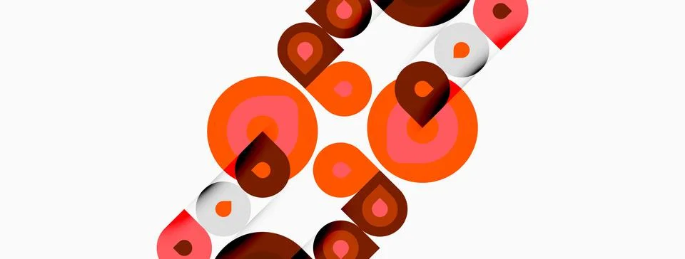 Abstract composition featuring overlapping orange circles, brown squares. Illustrazione stock
