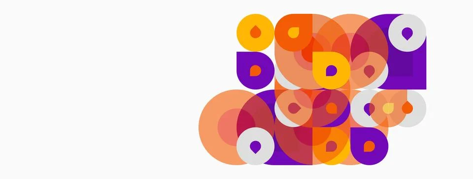 Abstract composition featuring overlapping orange, purple circles, squares. Stockillustratie