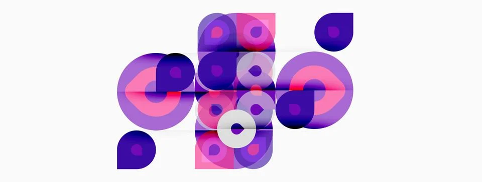 Abstract composition featuring overlapping purple circles, squares, varying 스톡 일러스트