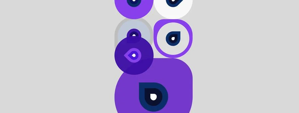 Abstract composition featuring overlapping purple circles, varying sizes, whi Stock Illustration