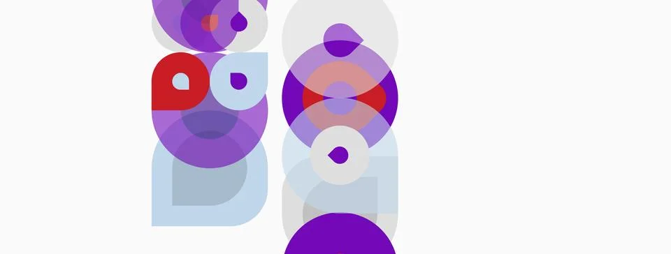 Abstract composition featuring overlapping purple circles, rectangles. Stock Illustration