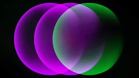 Abstract composition featuring overlapping vibrant circles. Purple, green hue Stock Illustration