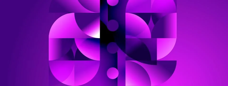 Abstract composition featuring purple gradients, geometric shapes, circles, Illustrazione stock