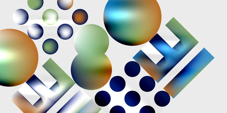 Abstract composition featuring spheres, cylinders, gradients. Shapes overlap, Stock Illustration