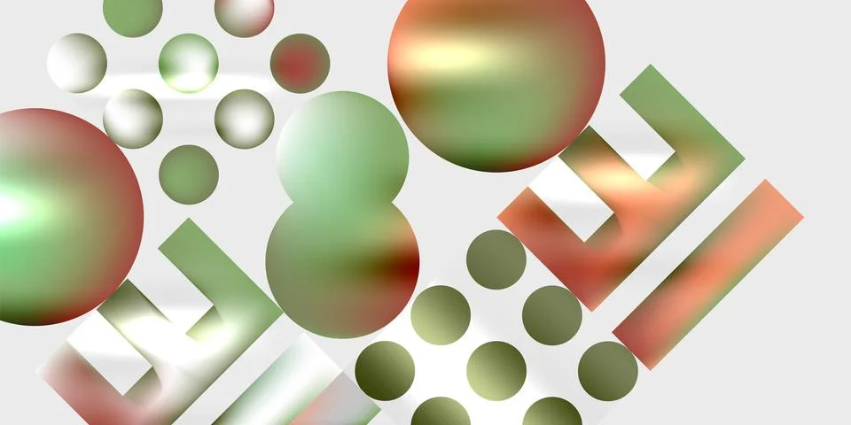 Abstract composition featuring spheres, rectangles. Colors include green, red, Stockillustratie