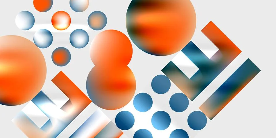 Abstract composition featuring spheres, rectangles. Gradient colors create Stock Illustration