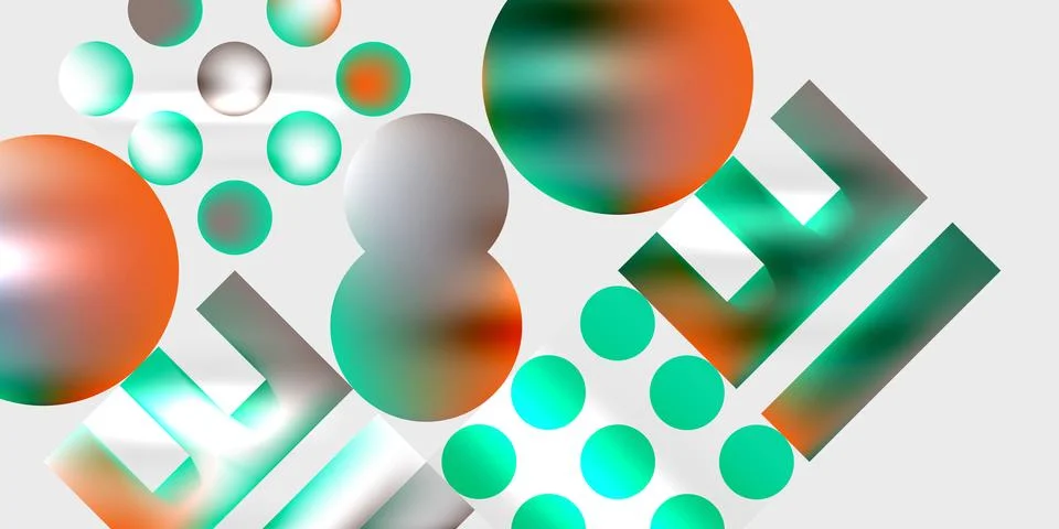 Abstract composition featuring spheres, rectangles. Colors include teal, orange, Illustrazione stock