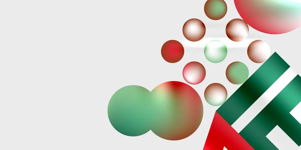 Abstract composition featuring spheres, rectangles. Colors include red, green, Illustrazione stock