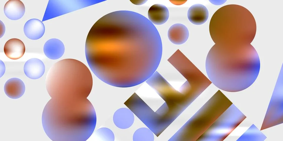 Abstract composition featuring spheres, triangles, rectangles. Colors include Stock Illustration