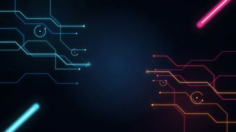 Abstract composition featuring symmetrical neon glowing circuit lines in bl.. Stock Footage 346326638