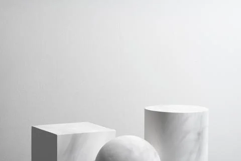 Abstract composition featuring three white geometric shapes in a minimalist Stock Photos