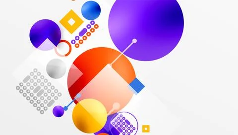 Abstract composition featuring vibrant circles, squares, lines. Gradient colors Stock Illustration