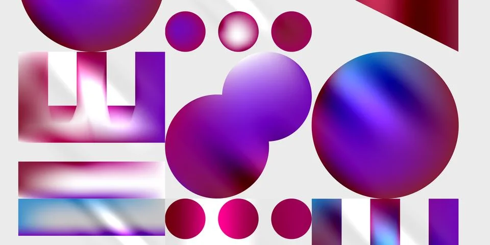 Abstract composition featuring vibrant circles, rectangles, gradients. Purple, Stock Illustration