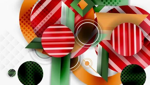Abstract composition featuring vibrant circles, stripes, rectangles. Geometric Illustrazione stock