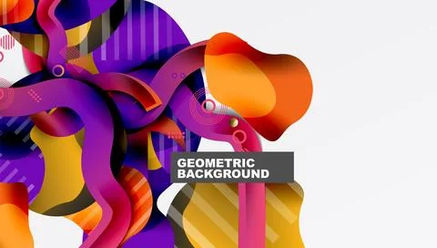 Abstract composition featuring vibrant fluid shapes, geometric lines, circles. Stock Illustration