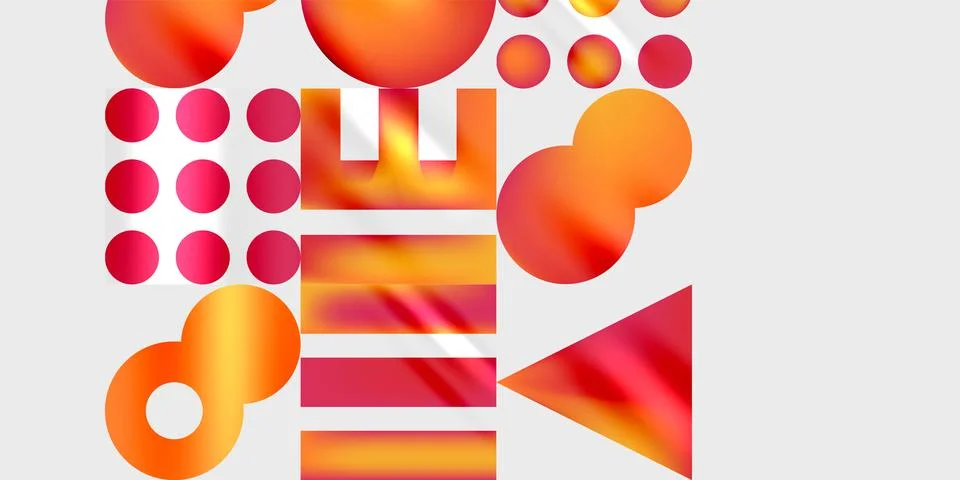 Abstract composition featuring vibrant orange, red shapes. Circles, rectangles, Illustration