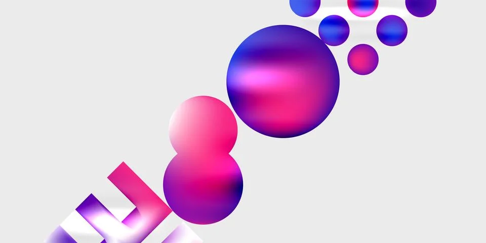 Abstract composition featuring vibrant pink, purple spheres, rectangles. Stockillustratie