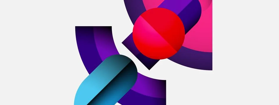 Abstract composition featuring vibrant shapes, gradients, plus bold red sphere. Stock Illustration