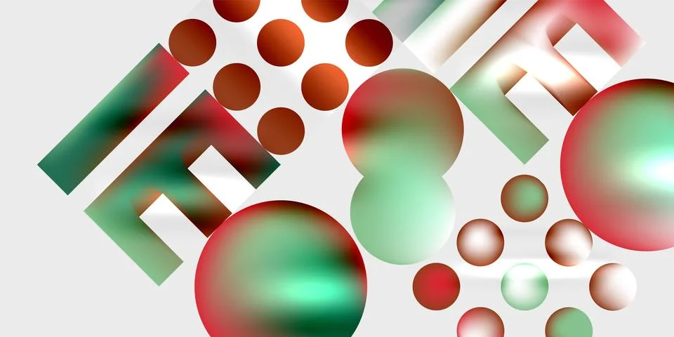 Abstract composition featuring vibrant spheres, rectangles. Colors blendreds, Stockillustratie