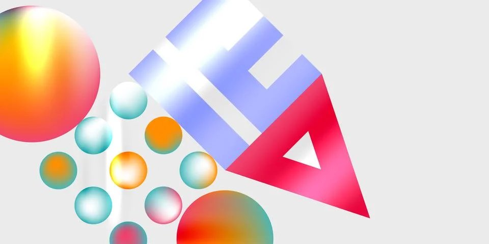 Abstract composition featuring vibrant spheres, geometric shapes. Red triangle 스톡 일러스트