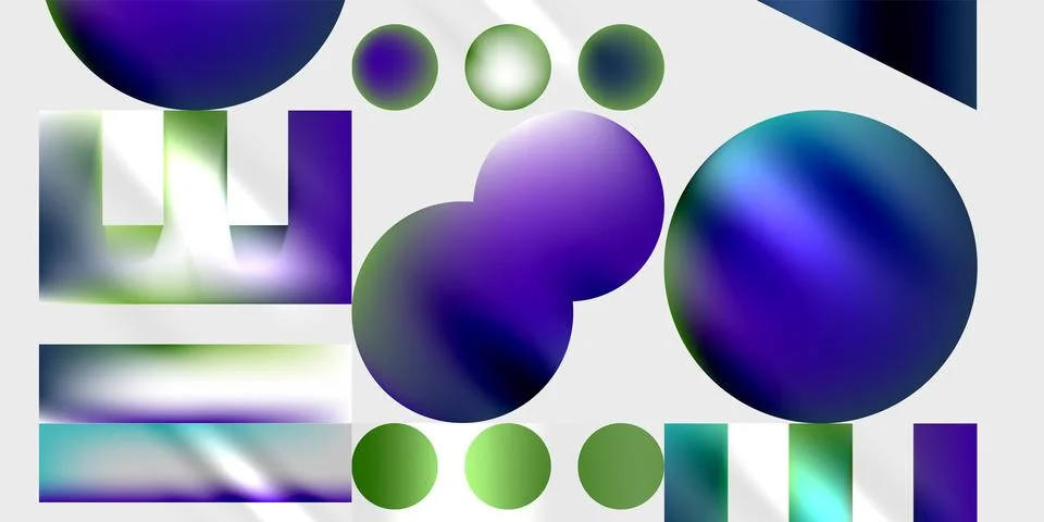Abstract composition featuring vibrant spheres, rectangles, gradients. Shapes Stockillustratie