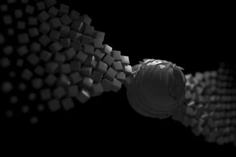 Abstract composition with flying white boxes and polygonal spheres, in the shape Stock Illustration