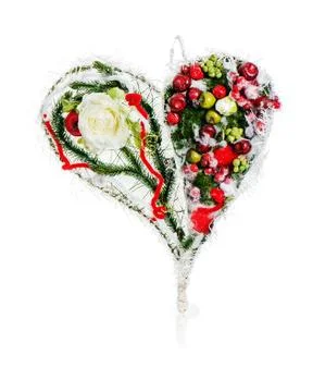 Abstract composition in form of heart from apples, balloons, roses and pine n Stock Photos