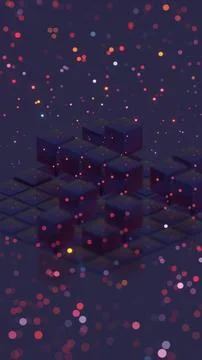 Abstract composition with glowing cubes and bokeh particles.. Illustrazione stock
