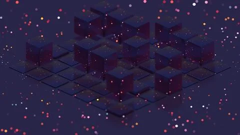 Abstract composition with glowing cubes and bokeh particles.. Illustrazione stock