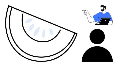 Abstract Composition with Laptop User, Citrus Slice Icon, and Simple Figure 스톡 일러스트