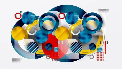 Abstract composition. Overlapping circles, rectangles, lines create dynamic Stock Illustration