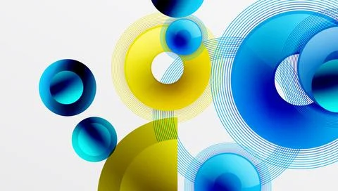 Abstract composition. Overlapping circles, rings, lines create dynamic visual Illustrazione stock