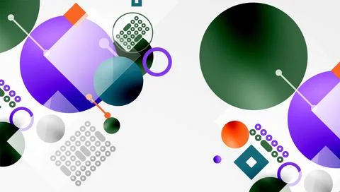 Abstract composition. Overlapping circles, squares, dots create dynamic visual 스톡 일러스트