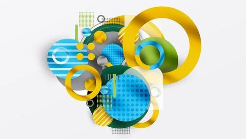 Abstract composition. Overlapping circles, squares, lines create dynamic visual Illustrazione stock